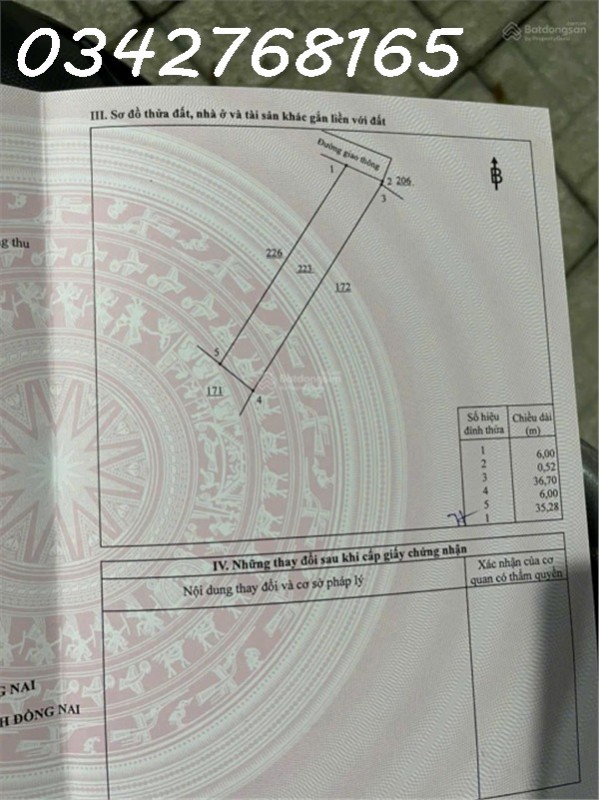 Bán đất thổ cư 216m2, 36x6m, Sổ Đỏ, 5 tỷ tại Trảng Bom, Đồng Nai. LH: 0342768165