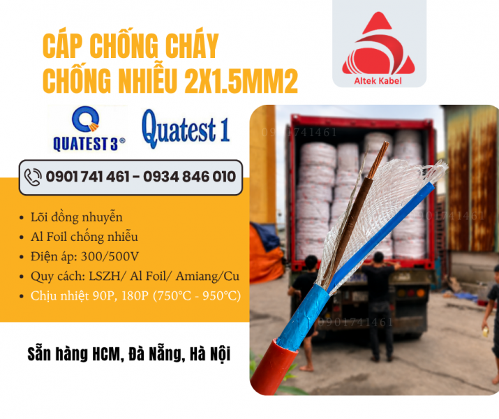 Cáp chống cháy chống nhiễu 2x1.5 Altek kabel tại Đà Nẵng, Hà Nội, HCM