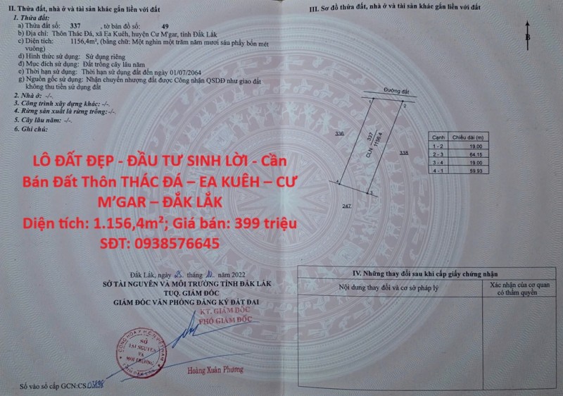 LÔ ĐẤT ĐẸP - ĐẦU TƯ SINH LỜI - Cần Bán Đất Thôn THÁC ĐÁ – EA KUÊH – CƯ M’GAR – ĐẮK LẮK