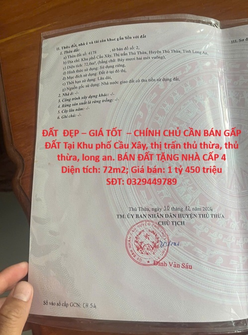 ĐẤT  ĐẸP – GIÁ TỐT  – CHÍNH CHỦ CẦN BÁN GẤP ĐẤT Tại Khu phố Cầu Xây, thị trấn thủ thừa, thủ thừa,