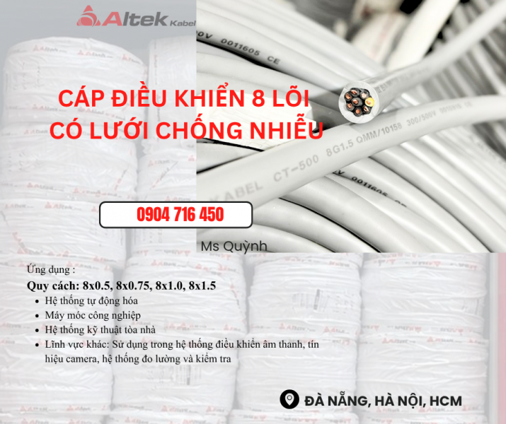 Cáp tín hiệu Altek Kabel 8x0.5, 8x0.75, 8x1.0, 8x1.5mm2 Đà Nẵng, Sài Hòn, Hà Nội,