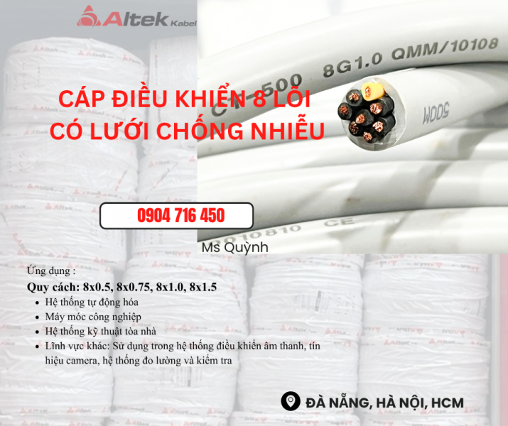 Cáp tín hiệu Altek Kabel 8x0.5, 8x0.75, 8x1.0, 8x1.5mm2 Đà Nẵng, Sài Hòn, Hà Nội,