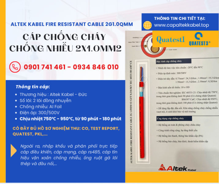 Cáp tín hiệu báo cháy chống cháy chống nhiễu 2x1.0 Altek Kabel tại Đà Nẵng, Hà Nội, HCM