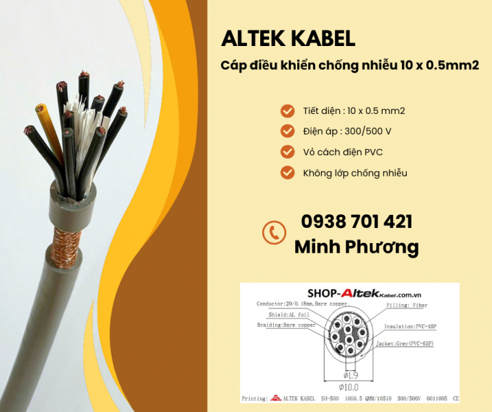 Có sẵn cáp điều khiển chống nhiễu 10x0.5mm2