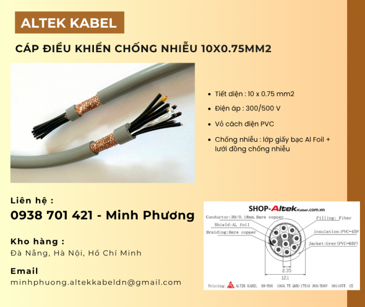 Bạn đang cần mua cáp điều khiển chống nhiễu 10x0.75mm2 tại Gia Lai giá tốt? - Đặc điểm: + 10 lõi đồn