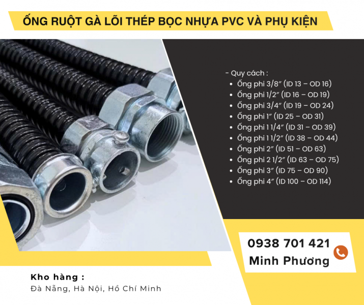 Ống Ruột Gà Lõi Thép Bọc Nhựa PVC Và phụ kiện ống kẽm giá tốt sẵn kho Đà Nẵng
