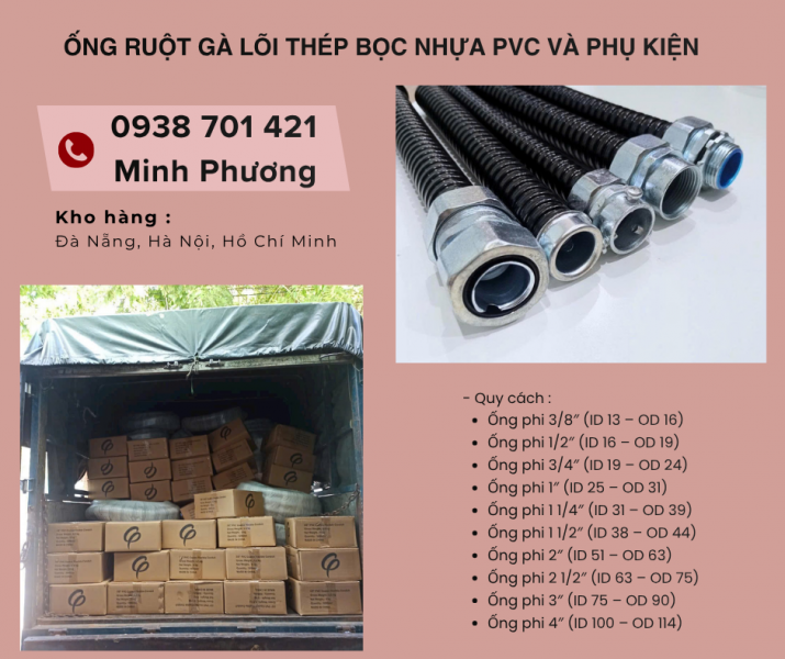 Ống Ruột Gà Lõi Thép Bọc Nhựa PVC Và phụ kiện ống kẽm giá tốt sẵn kho Đà Nẵng