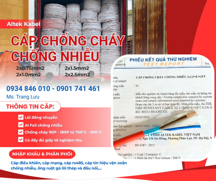 Cáp chống cháy chống nhiễu Altek kabel 2x0.75/ 2x1.0/ 2x1.5/2x2.5