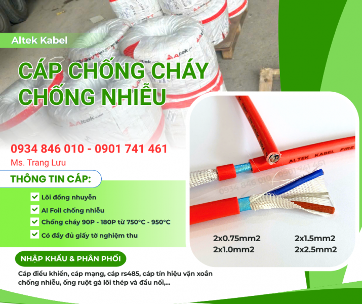 Cáp chống cháy chống nhiễu Altek kabel 2x0.75/ 2x1.0/ 2x1.5/2x2.5