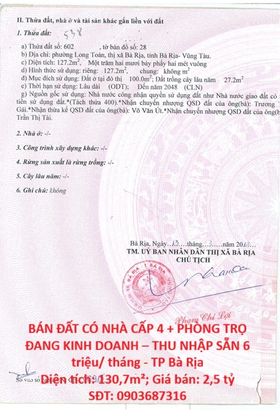BÁN ĐẤT CÓ NHÀ CẤP 4 + PHÒNG TRỌ ĐANG KINH DOANH – THU NHẬP SẴN 6 triệu/ tháng - TP Bà Rịa
