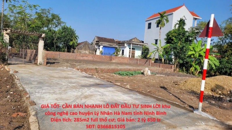 GIÁ TỐT- CẦN BÁN NHANH LÔ ĐẤT ĐẦU TƯ SINH LỜI khu công nghệ cao huyện Lý Nhân Hà Nam tỉnh Ninh Bình