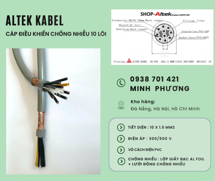 Cáp điều khiển chống nhiễu 10x1.5mm2 hàng sẵn kho Khánh Hòa, Ninh Thuận, Phú Yên