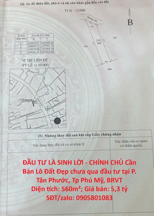 ĐẦU TƯ LÀ SINH LỜI - CHÍNH CHỦ Cần Bán Lô Đất Đẹp chưa qua đầu tư tại P. Tân Phước, Tp Phú Mỹ, BRVT