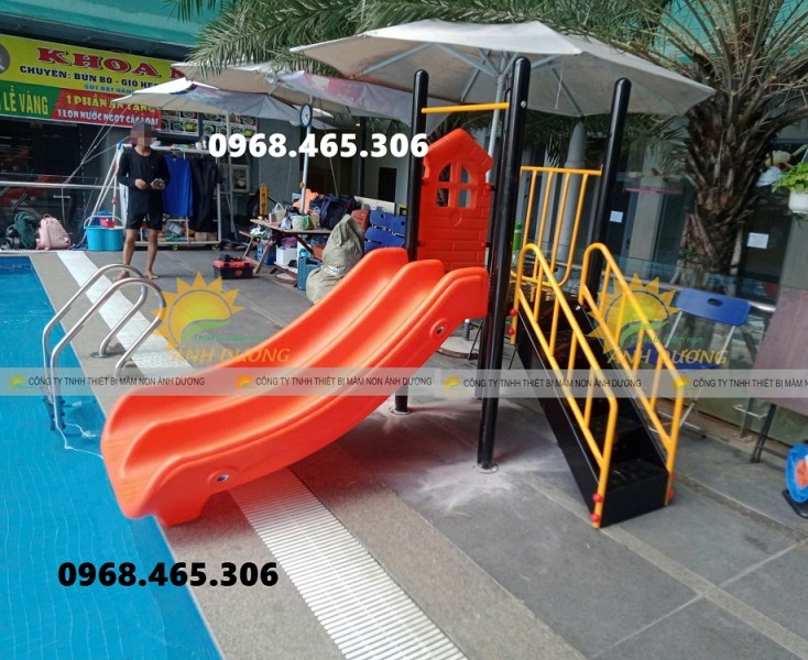 Cầu trượt sắt trẻ em máng nhựa đôi siêu bền, cầu trượt máng đôi cho bé