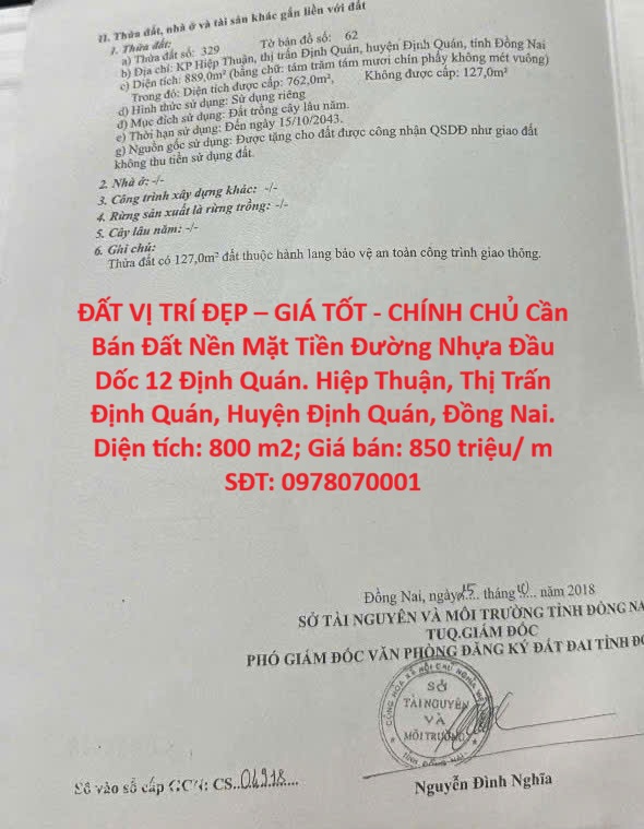 ĐẤT VỊ TRÍ ĐẸP – GIÁ TỐT - CHÍNH CHỦ Cần Bán Đất Nền Mặt Tiền Đường Nhựa Đầu Dốc 12 Định Quán.