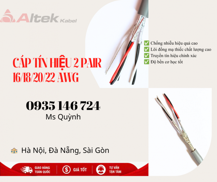 Cáp tín hiệu 16awg, 18awg, 20awg, 22awg 2 pair Altek Kabel Hà Nội, Đà Nẵng