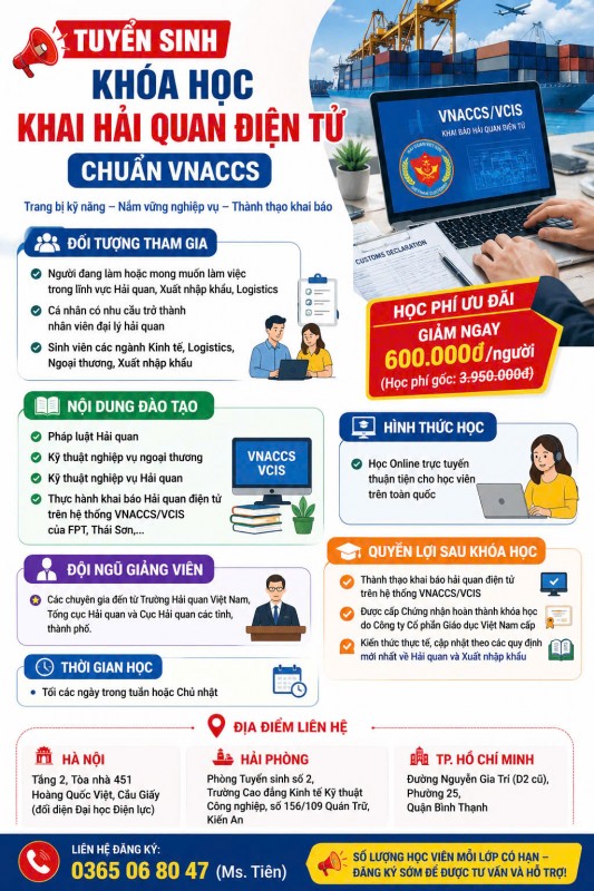 TUYỂN SINH KHÓA HỌC KHAI HẢI QUAN ĐIỆN TỬ CHUẨN VNACCS