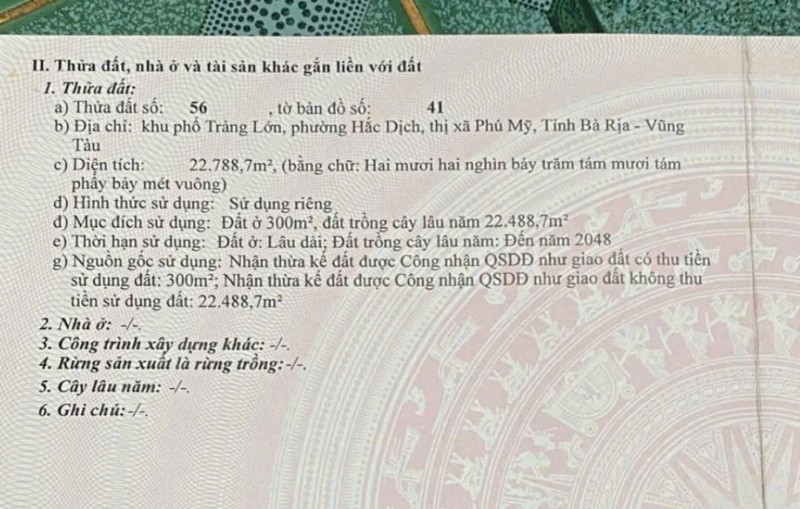 BÁN ĐẤT DIỆN TÍCH LỚN TẠI TRUNG TÂM PHƯỜNG HẮC DỊCH – TX PHÚ MỸ, BÀ RỊA VŨNG TÀU