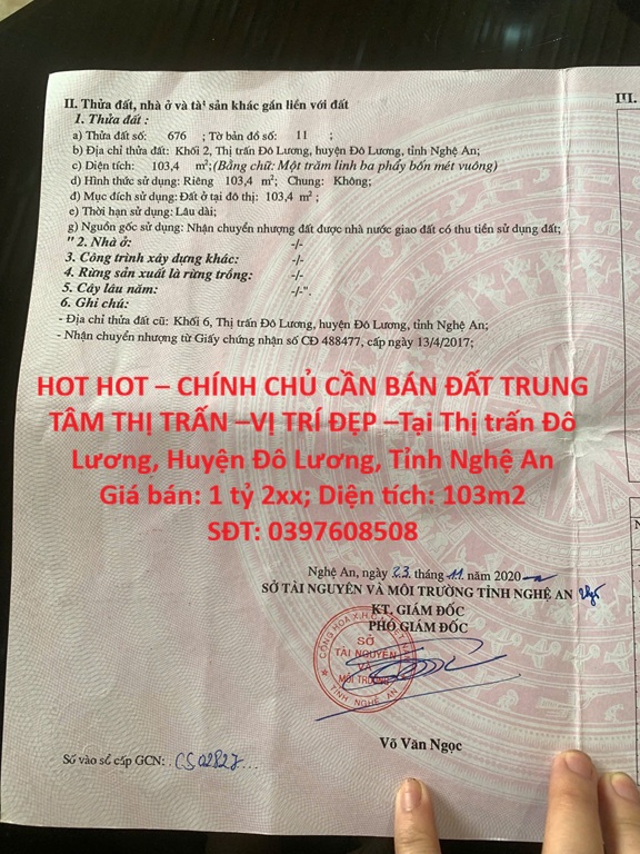 HOT HOT – CHÍNH CHỦ CẦN BÁN ĐẤT TRUNG TÂM THỊ TRẤN –VỊ TRÍ ĐẸP –Tại TT. Đô Lương, Đô Lương, Nghệ An