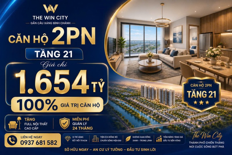 Căn hộ 2PN gần Cầu Xáng - Bình Chánh chỉ 1.654 tỷ (100% đã Vat), bàn giao full nội thất cao cấp gỗ