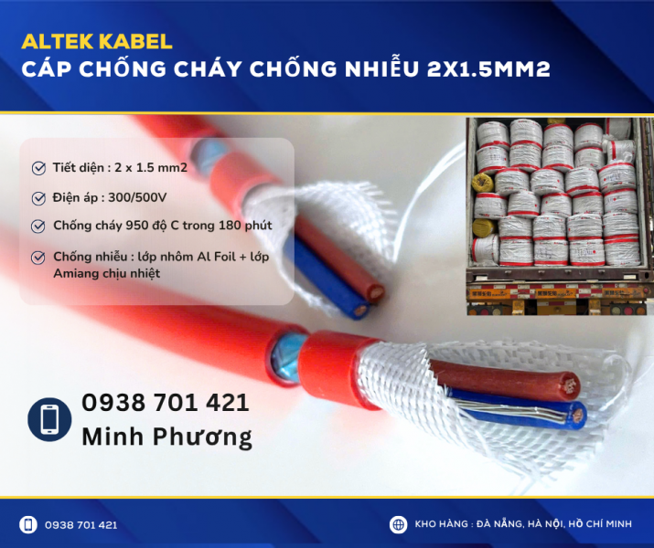 Cáp chống cháy chống nhiễu 2x1.5mm2 giao hàng toàn quốc Đà Nẵng, Huế, Nghệ An