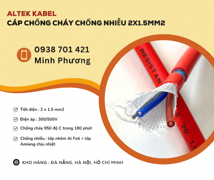 Cáp chống cháy chống nhiễu 2x1.5mm2 giao hàng toàn quốc Đà Nẵng, Huế, Nghệ An