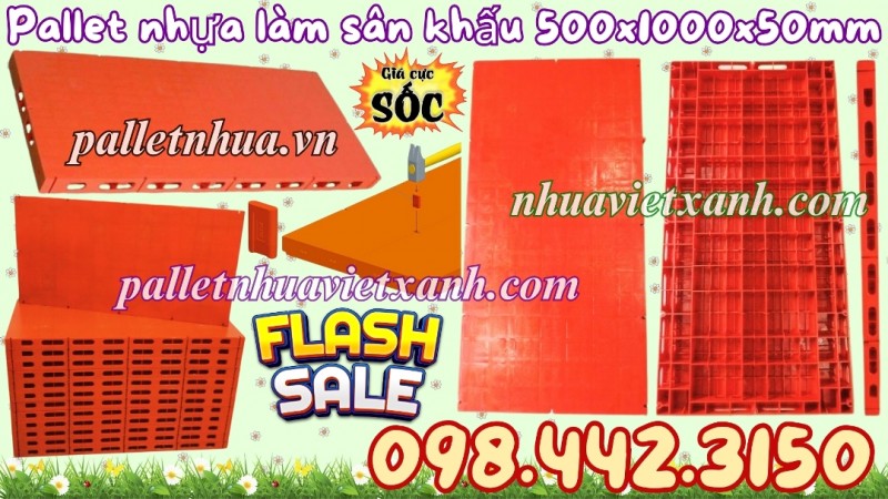 Pallet nhựa lót sàn sân khấu 1000x500x50mm mặt kín màu cam