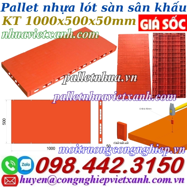 Pallet nhựa lót sàn sân khấu 1000x500x50mm mặt kín màu cam