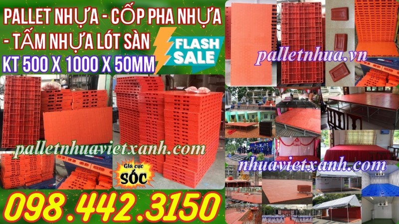 Pallet nhựa lót sàn sân khấu 1000x500x50mm mặt kín màu cam
