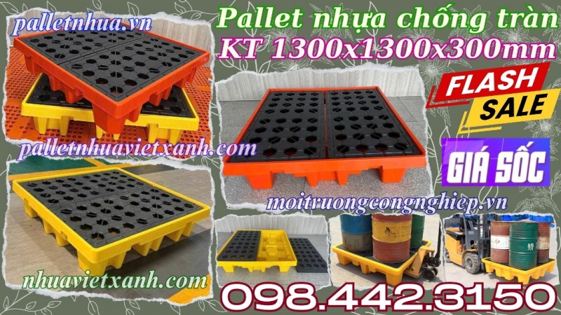 Pallet nhựa chống tràn BVMT 4 phuy KT 1300x1300x300mm