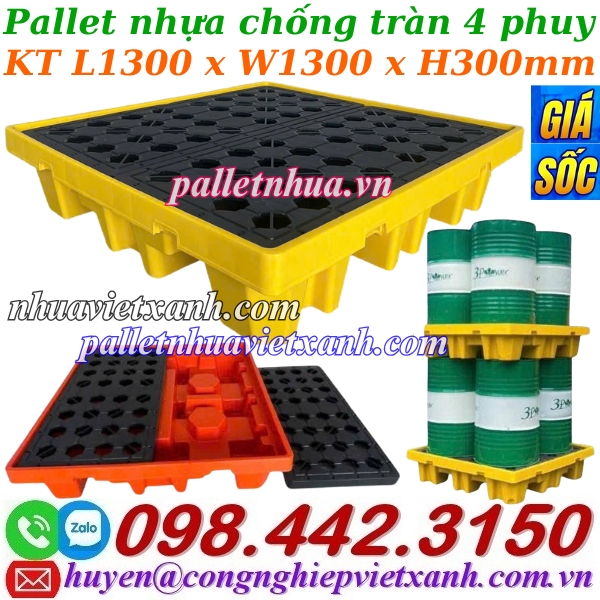 Pallet nhựa chống tràn BVMT 4 phuy KT 1300x1300x300mm