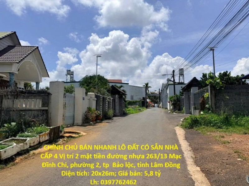 CHÍNH CHỦ BÁN NHANH LÔ ĐẤT CÓ SẮN NHÀ CẤP 4 Vị trí 2 mặt tiền đường nhựa tp Bảo Lộc tỉnh Lâm Đồng