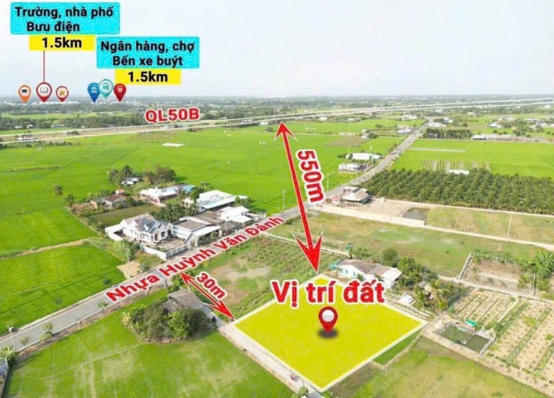Bán lô đất thổ lúa làm nhà vườn xã Vàm Cỏ gần Quốc Lộ 50B giá 1,25 tỷ
