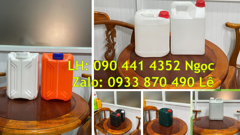 Can nhựa 0.5 lít vuông, can 1 lít màu đen, can 5 lít đựng hóa chất màu trắng 