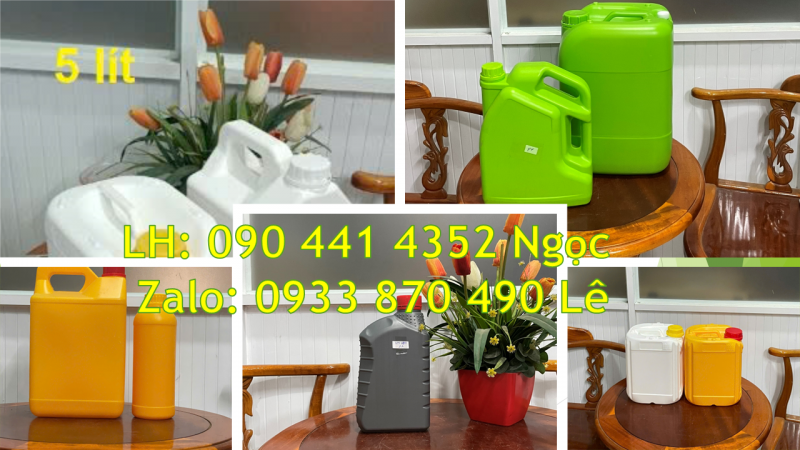 Can nhựa 0.5 lít vuông, can 1 lít màu đen, can 5 lít đựng hóa chất màu trắng 