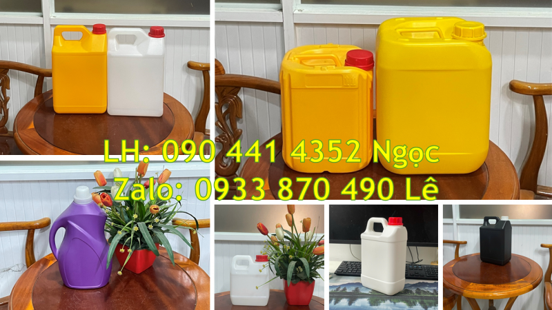 Can nhựa 0.5 lít vuông, can 1 lít màu đen, can 5 lít đựng hóa chất màu trắng 