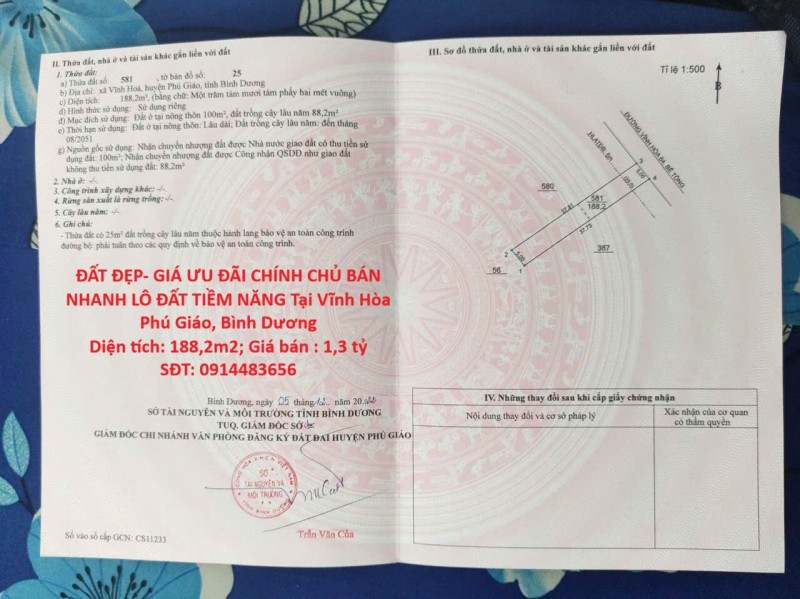 ĐẤT ĐẸP- GIÁ ƯU ĐÃI CHÍNH CHỦ BÁN NHANH LÔ ĐẤT TIỀM NĂNG Tại Vĩnh Hòa Phú Giáo, Bình Dương