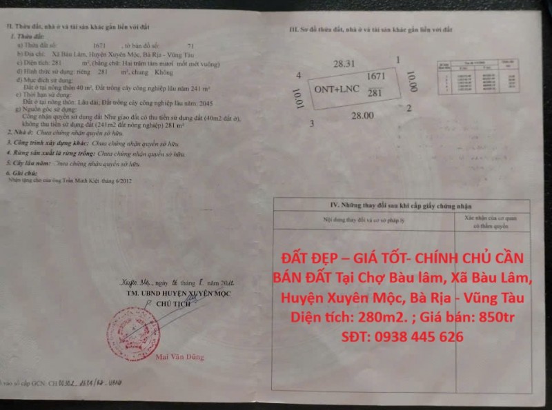 ĐẤT ĐẸP – GIÁ TỐT- CHÍNH CHỦ CẦN BÁN ĐẤT Tại Chợ Bàu lâm, Xã Bàu Lâm, Huyện Xuyên Mộc, Bà Rịa -
