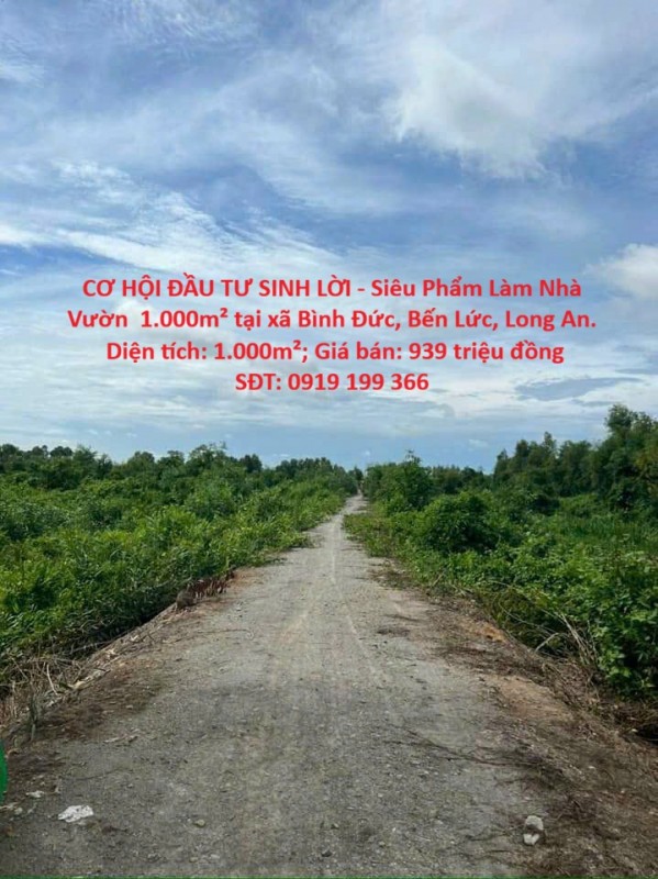 CƠ HỘI ĐẦU TƯ SINH LỜI - Siêu Phẩm Làm Nhà Vườn  1.000m² tại xã Bình Đức, Bến Lức, Long An.