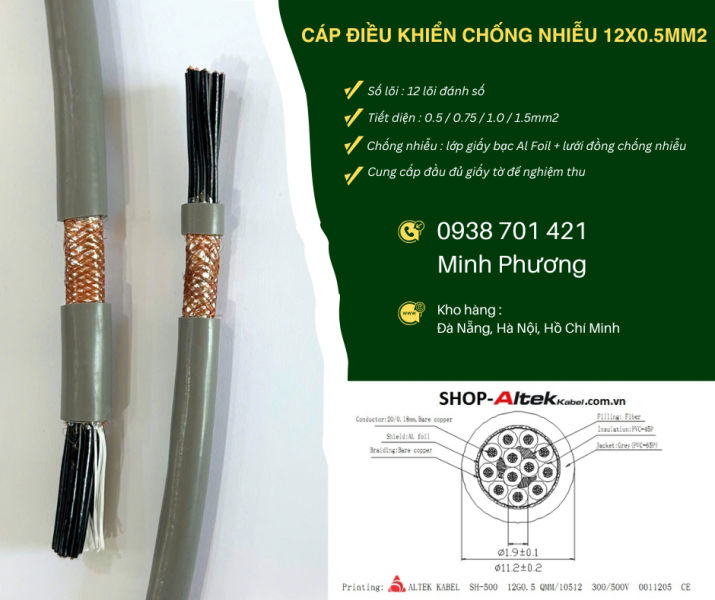 Cáp điều khiển 12x0.5mm2 chống nhiễu chính hãng, giá tốt Đà Nẵng, Huế, Gia Lai