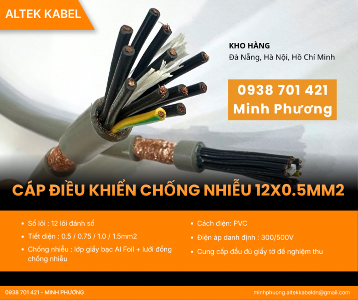 Cáp điều khiển 12x0.5mm2 chống nhiễu chính hãng, giá tốt Đà Nẵng, Huế, Gia Lai