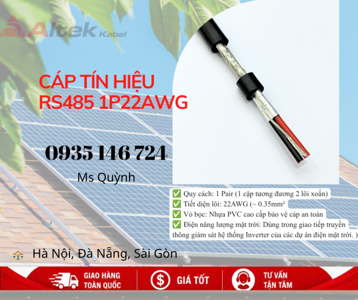 Cáp tín hiệu RS485 1 Pair 22AWG Altek Kabel dùng cho hệ thống solar