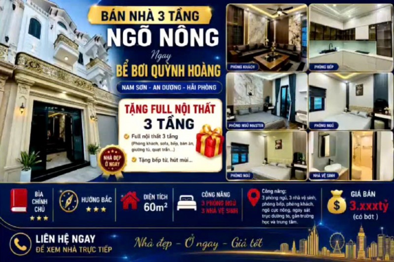 Tặng full nội thất - Nhà 3 tầng đẹp ngay bể bơi Quỳnh Hoàng, Nam Sơn, An Dương - Chỉ 3,85 tỷ