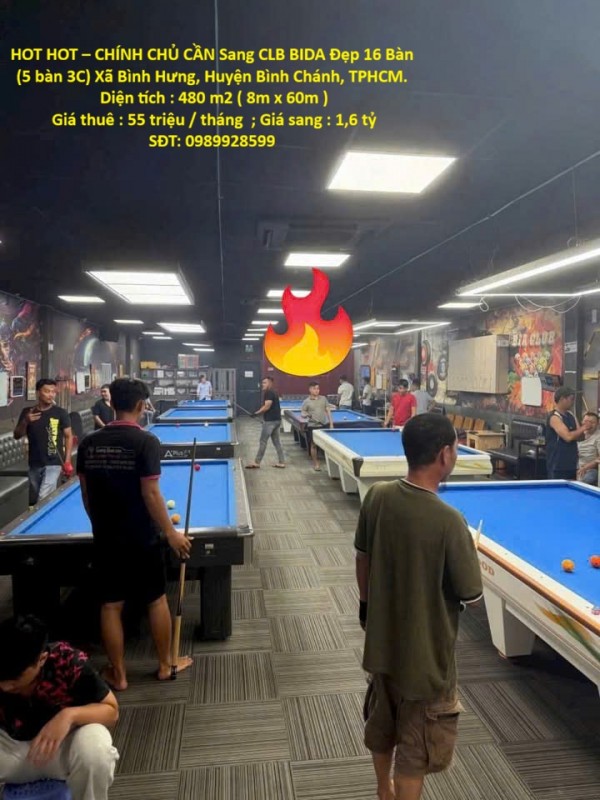 HOT HOT – CHÍNH CHỦ CẦN Sang CLB BIDA Đẹp 16 Bàn (5 bàn 3C) Xã Bình Hưng, Huyện Bình Chánh, TPHCM.