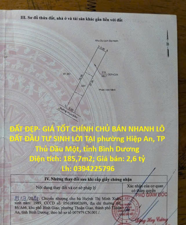 ĐẤT ĐẸP- GIÁ TỐT CHÍNH CHỦ BÁN NHANH LÔ ĐẤT ĐẦU TƯ SINH LỜI TẠI TP Thủ Dầu Một, tỉnh Bình Dương