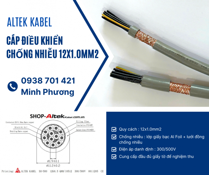 Dây cáp điều khiển có lưới chống nhiễu 12x1.0mm2 Altek Kabel Đà Nẵng, Huế