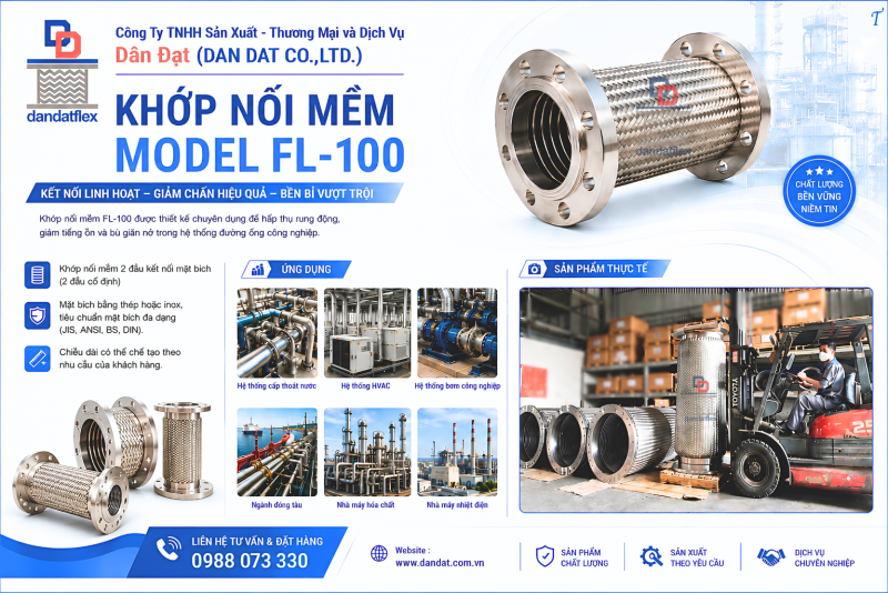 Khớp nối mềm (ống+lưới) inox 304, khớp nối mềm model FL100/FL102 , khớp nối mềm inox nối bích