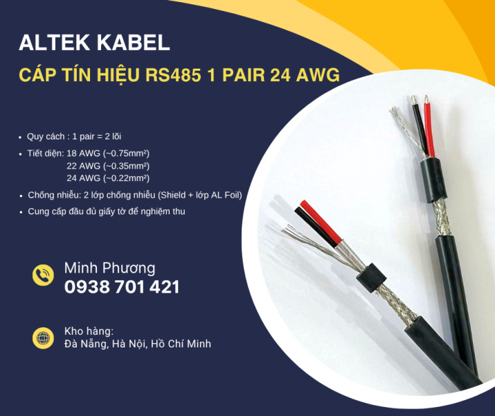 Cáp tín hiệu RS485 1 Pair 24AWG – Truyền tín hiệu ổn định Đà Nẵng, Huế, Bình Định