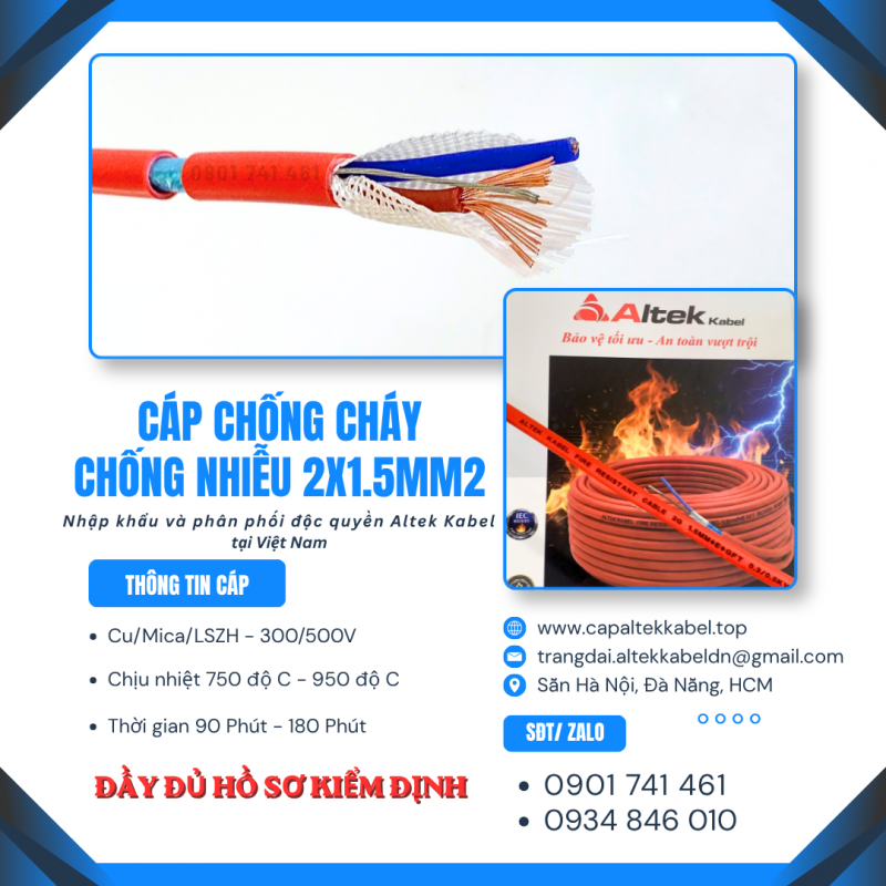 Dây cáp chống cháy chống nhiễu 2x1.5 Altek Kabel sẵn Long An, An Giang, Đồng Tháp