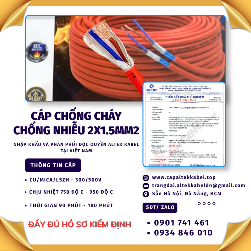 Dây cáp chống cháy chống nhiễu 2x1.5 Altek Kabel sẵn Long An, An Giang, Đồng Tháp